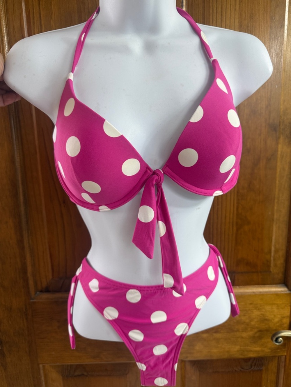 Polka Dot Tie-Front One-Piece Swimsuit - Hot Pink & Cream